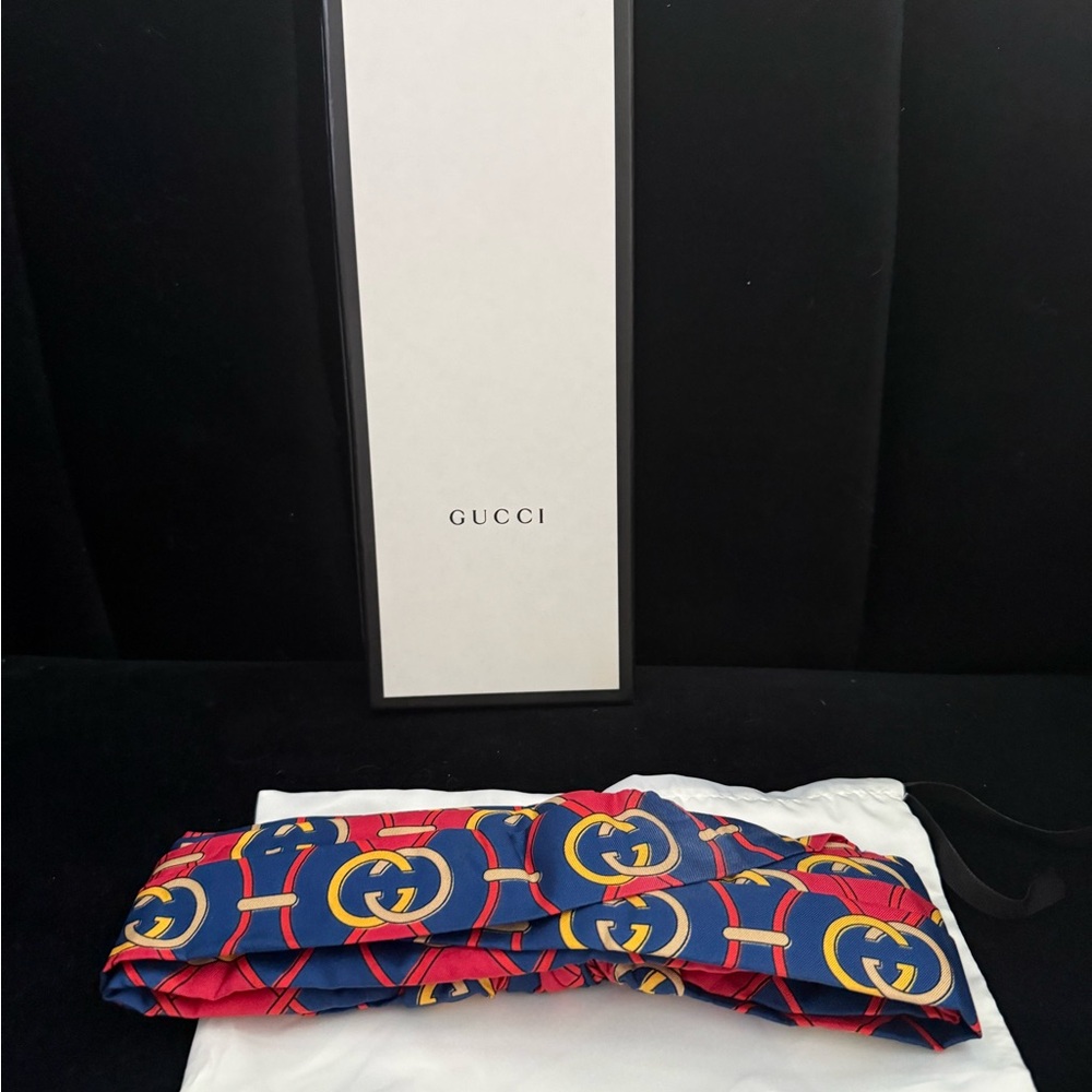 Gucci Navy, Red & Yellow GG Logo Silk Headband